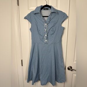 Vtg Wedtrend 100% Cotton Blue Polka Dot A-Line‎ Dress V-Neck Ruffle Women XL EUC